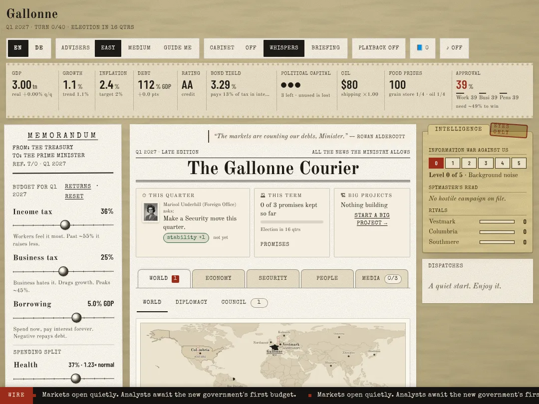 The main desk: the Treasury memorandum with tax and spending sliders, the Gallonne Courier front page, and the intelligence file on the information war.
